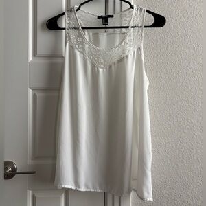 Forever21 white tank top with floral lace neck line accent (size L)
